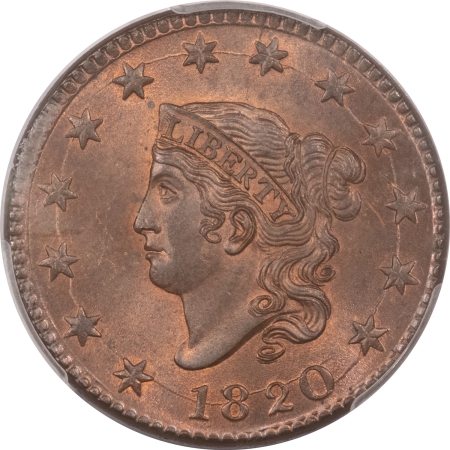 CAC Approved Coins 1820 CORONET HEAD LARGE CENT, LG DATE – PCGS MS-65 RB, SUPERB GEM, CAC APPROVED!