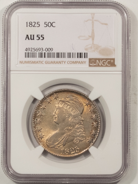 Early Halves 1825 CAPPED BUST HALF DOLLAR – NGC AU-55, LUSTROUS & PRETTY!