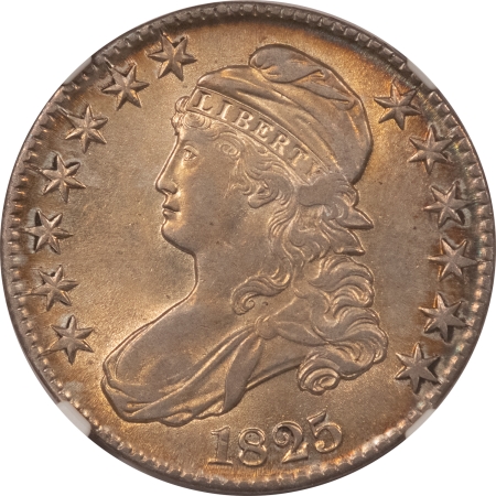 Early Halves 1825 CAPPED BUST HALF DOLLAR – NGC AU-55, LUSTROUS & PRETTY!