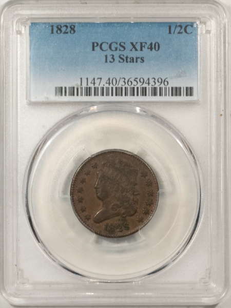 Classic Head Half Cents 1828 CLASSIC HEAD HALF CENT, 13 STARS, PCGS XF-40, NICE ORIGINAL