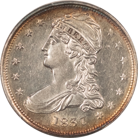 Early Halves 1837 CAPPED BUST HALF DOLLAR, REEDED EDGE – PCGS AU-53, NICE & FLASHY!