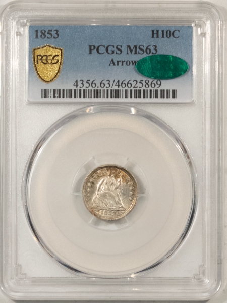 CAC Approved Coins 1853 SEATED LIBERTY HALF DIME, ARROWS – PCGS MS-63, SUPER PQ! GEM QUALITY! CAC!