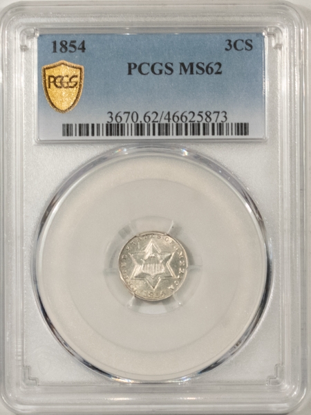 New Certified Coins 1854 THREE CENT SILVER – PCGS MS-62, LUSTROUS, PREMIUM QUALITY!