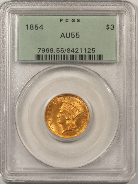 $3 1854 $3 DOLLAR GOLD – PCGS AU-55, OLD GREEN HOLDER, PREMIUM QUALITY!