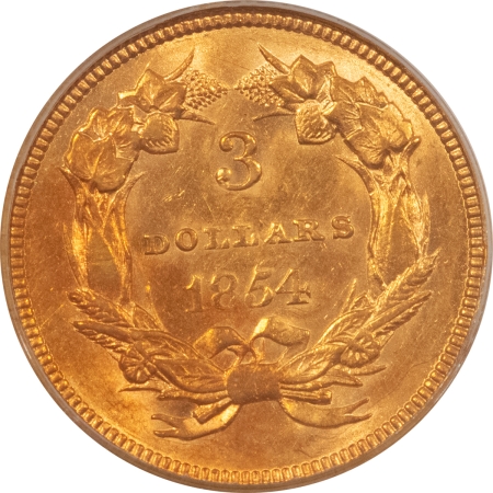 $3 1854 $3 DOLLAR GOLD – PCGS AU-55, OLD GREEN HOLDER, PREMIUM QUALITY!