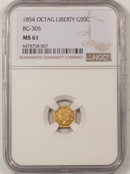 New Certified Coins 1854 OCTAGONAL LIBERTY 50C CALIFORNIA FRACTIONAL GOLD, BG-305 – NGC MS-61