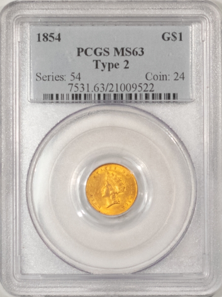 $1 1854 $1 GOLD DOLLAR, TYPE 2 – PCGS MS-63, CHOICE, PLEASING!