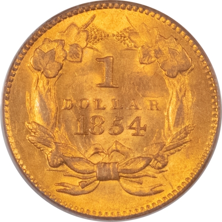 $1 1854 $1 GOLD DOLLAR, TYPE 2 – PCGS MS-63, CHOICE, PLEASING!