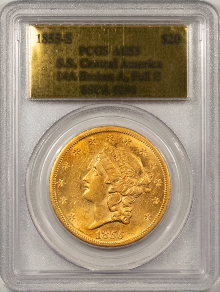 $20 1855-S TY 1 $20 LIBERTY GOLD, SS CENTRAL AMERICA – PCGS AU-53 GOLD FOIL, BOX/COA