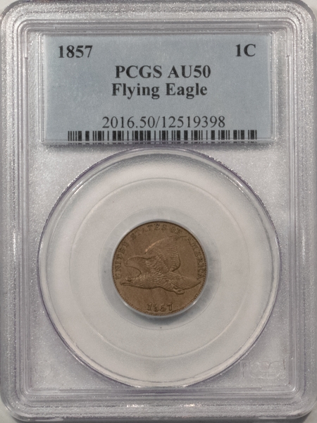 Flying Eagle 1857 FLYING EAGLE CENT – PCGS AU-50, NICE SMOOTH ORIGINAL