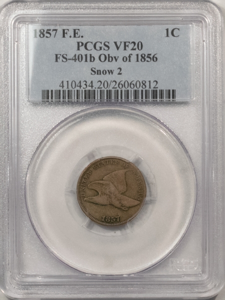 Flying Eagle 1857 FLYING EAGLE CENT, FS-401B OBVERSE OF 1856, SNOW 2 – PCGS VF-20, TOUGH!