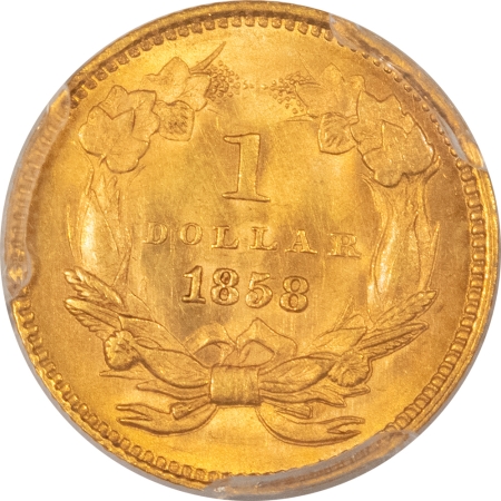 $1 1858 $1 GOLD DOLLAR – PCGS MS-64, FRESH & PREMIUM QUALITY!