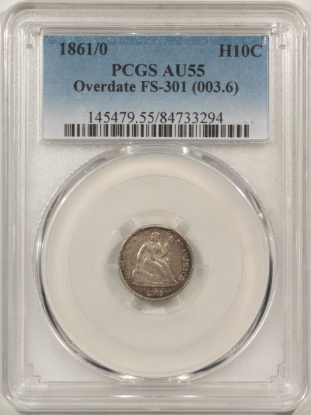 Liberty Seated Half Dimes 1861/0 SEATED LIBERTY HALF DIME, OVERDATE FS-301 (003.6) – PCGS AU-55, POPULAR!