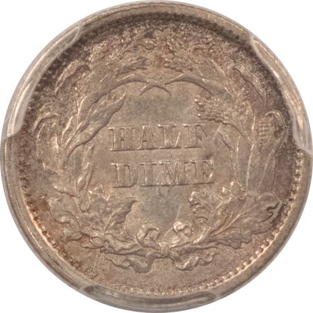 Liberty Seated Half Dimes 1861/0 SEATED LIBERTY HALF DIME, OVERDATE FS-301 (003.6) – PCGS AU-55, POPULAR!