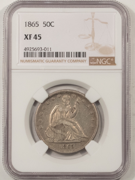 Liberty Seated Halves 1865 SEATED LIBERTY HALF DOLLAR – NGC XF-45, PLEASING CIVIL WAR DATE!