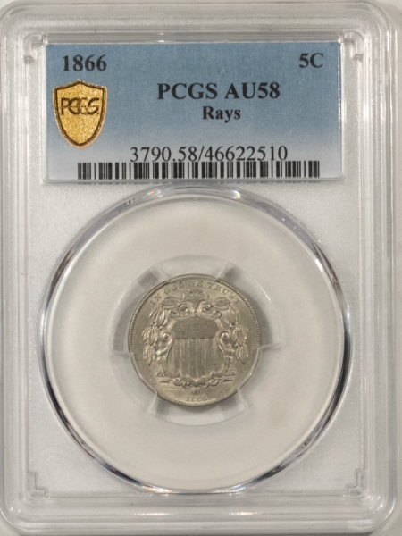 New Certified Coins 1866 SHIELD NICKEL, RAYS – PCGS AU-58, PREMIUM QUALITY!