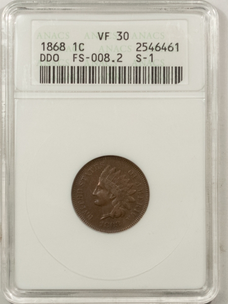 Indian 1868 INDIAN CENT, S-1, DOUBLED DIE OBVERSE, FS-008.2 – ANACS VF-30