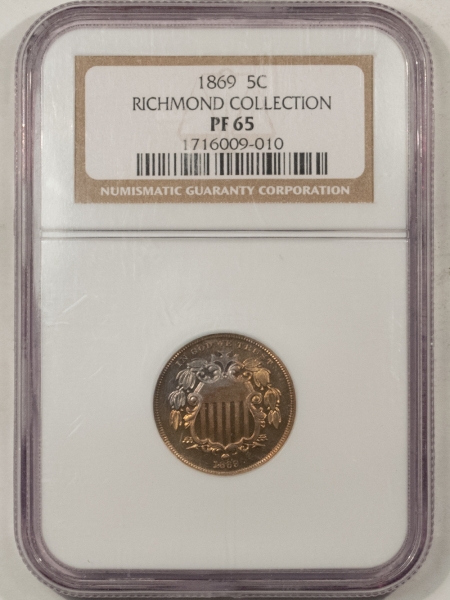 New Certified Coins 1869 PROOF SHIELD NICKEL – NGC PF-65, PRETTY! GEM PROOF! RICHMOND COLLECTION!