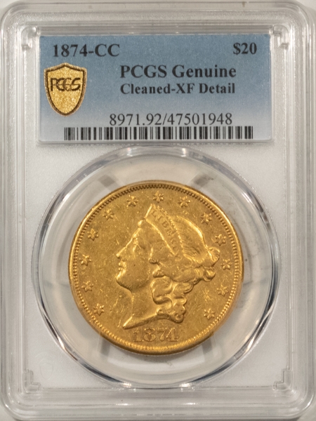 $20 1874-CC $20 LIBERTY GOLD PCGS GENUINE, CLEANED-XF DETAIL, CARSON CITY, NICE LOOK