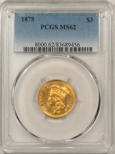 $3 1878 $3 GOLD DOLLAR – PCGS MS-62, FRESH & FLASHY! LOOKS CHOICE!