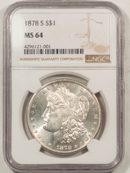 Morgan Dollars 1878-S MORGAN DOLLAR – NGC MS-64, FRESH WHITE & PREMIUM QUALITY!