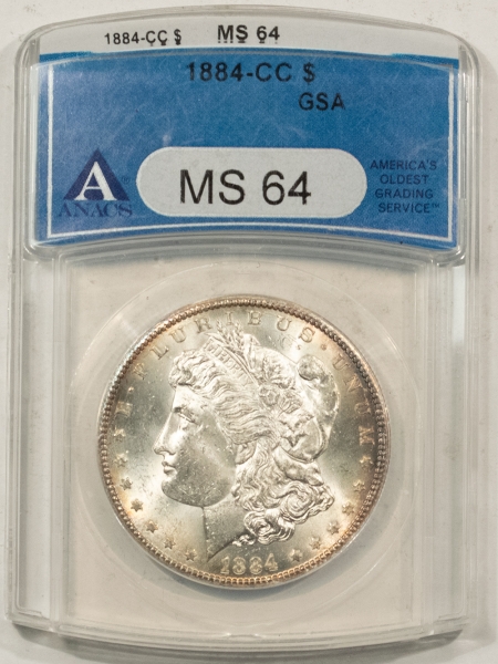 Morgan Dollars 1884-CC MORGAN DOLLAR – ANACS MS-64, CARSON CITY, GSA ON HOLDER