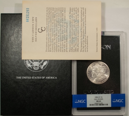 Morgan Dollars 1884-CC MORGAN DOLLAR GSA – NGC BANDED MS-64, W/ BOX & COA, BLAST WHITE!