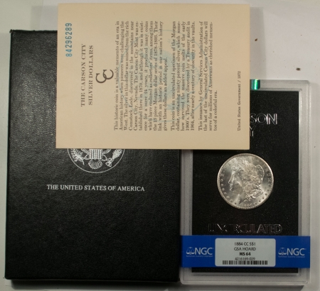 Morgan Dollars 1884-CC MORGAN DOLLAR GSA – NGC BANDED MS-64, W/ BOX & COA, BLAST WHITE!