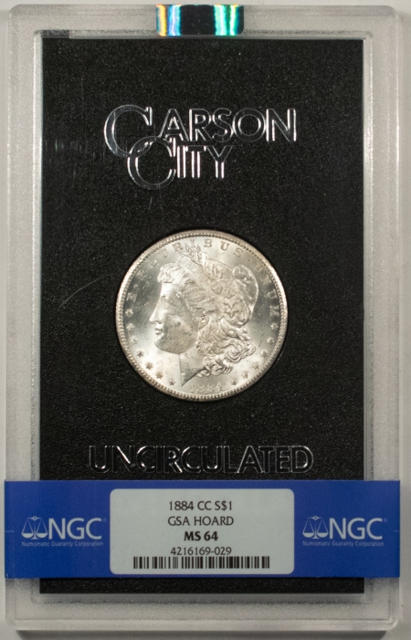 Morgan Dollars 1884-CC MORGAN DOLLAR GSA – NGC BANDED MS-64, W/ BOX & COA, BLAST WHITE!