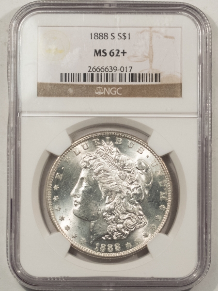 Morgan Dollars 1888-S MORGAN DOLLAR – NGC MS-62+, BLAST WHITE & CHOICE!