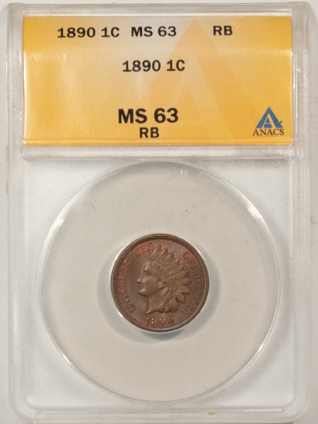 Indian 1890 INDIAN CENT – ANACS MS-63 RB, LOOKS 64, NICE SURFACES!