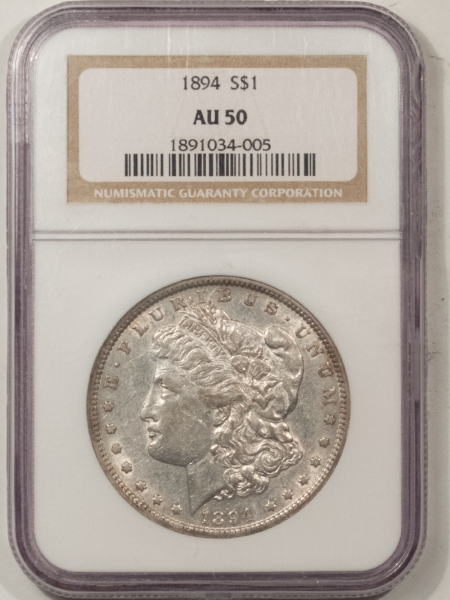 Morgan Dollars 1894 MORGAN DOLLAR – NGC AU-50, ORIGINAL LUSTER! LOW MINTAGE DATE!