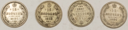 New Store Items RUSSIA LOT OF 4 DIFFERENT 15 KOPEKS, 1902-07, HIGH GRADE CIRCULATED EXAMPLES