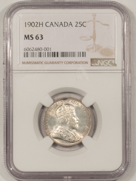 New Certified Coins 1902-H CANADA TWENTY-FIVE CENTS, KM-11 NGC MS-63, FLASHY & CHOICE, HEATON MINT!