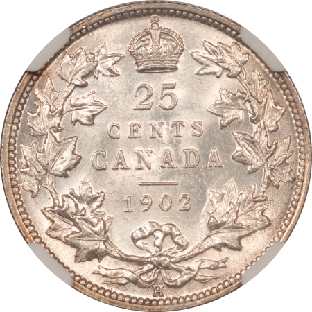 New Certified Coins 1902-H CANADA TWENTY-FIVE CENTS, KM-11 NGC MS-63, FLASHY & CHOICE, HEATON MINT!