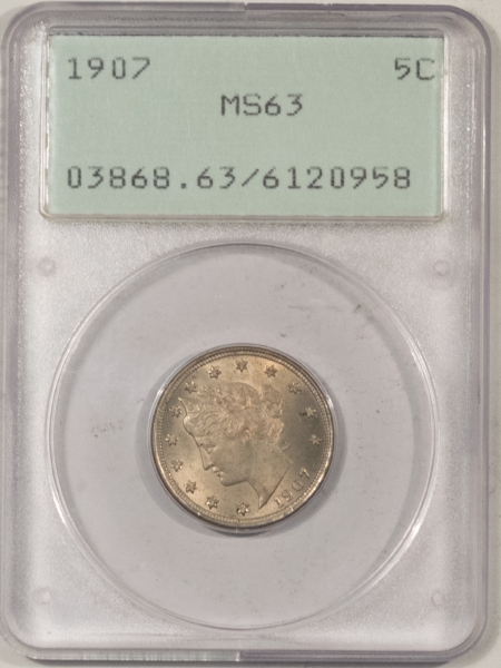 Liberty Nickels 1907 LIBERTY NICKEL – PCGS MS-63, CHOICE+ RATTLER HOLDER!