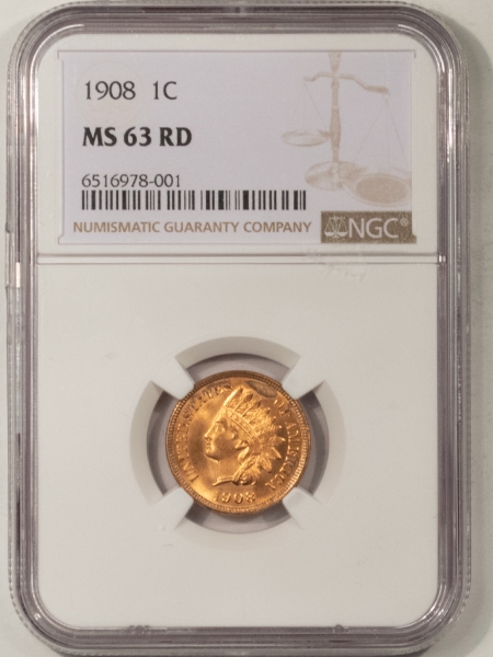 Indian 1908 INDIAN CENT – NGC MS-63 RD, BLAZING RED!