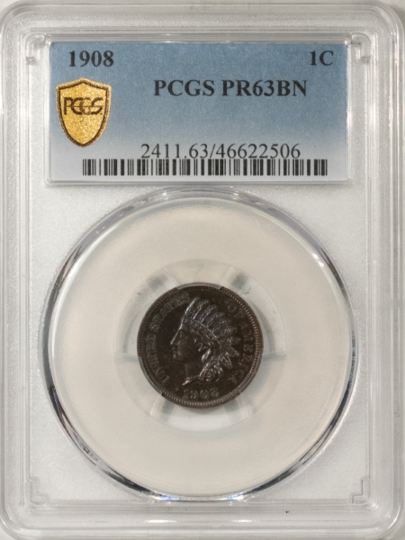 Indian 1908 PROOF INDIAN CENT – PCGS PR-63 BN, PRETTY!