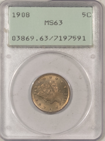 Liberty Nickels 1908 LIBERTY NICKEL – PCGS MS-63, PREMIUM QUALITY! RATTLER HOLDER