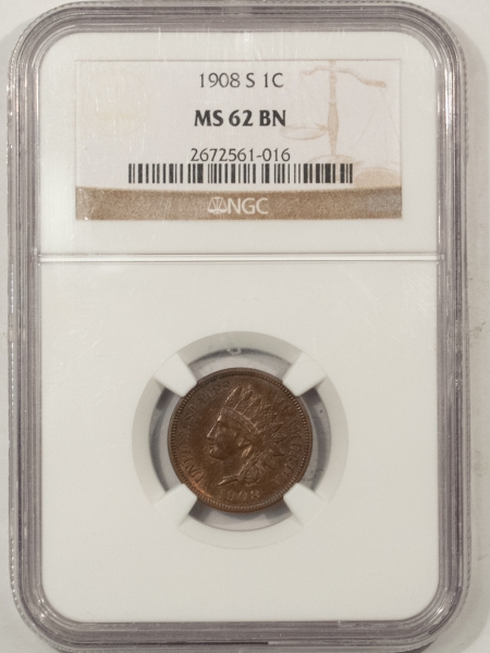 Indian 1908-S INDIAN CENT – NGC MS-62 BN, KEY-DATE!