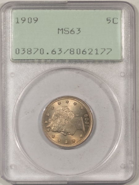 Liberty Nickels 1909 LIBERTY NICKEL – PCGS MS-63, NEAR GEM! PREMIUM QUALITY! RATTLER HOLDER!