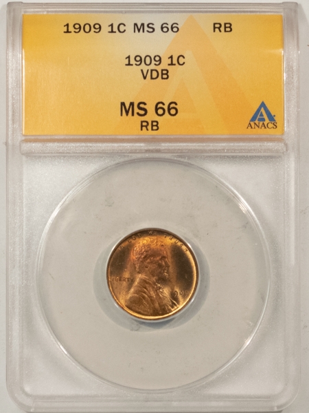 Lincoln Cents (Wheat) 1909 VDB LINCOLN CENT – ANACS MS-66 RB, REALLY PRETTY!