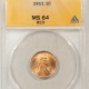 Lincoln Cents (Wheat) 1911-S LINCOLN CENT – ANACS MS-63 BN, GLOSSY BROWN & PREMIUM QUALITY!