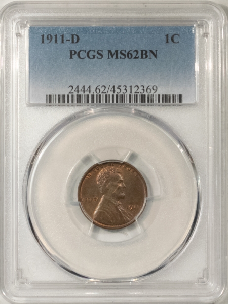 Lincoln Cents (Wheat) 1911-D LINCOLN CENT – PCGS MS-62 BN, LOOKS CHOICE!