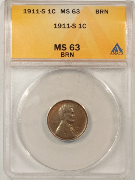 Lincoln Cents (Wheat) 1911-S LINCOLN CENT – ANACS MS-63 BN, GLOSSY BROWN & PREMIUM QUALITY!