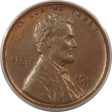 Lincoln Cents (Wheat) 1911-S LINCOLN CENT – ANACS MS-63 BN, GLOSSY BROWN & PREMIUM QUALITY!