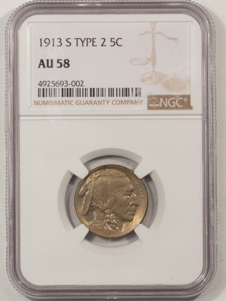 Buffalo Nickels 1913-S TYPE 2 BUFFALO NICKEL – NGC AU-58, PRETTY!