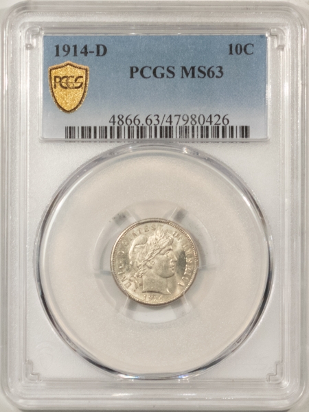 Barber Dimes 1914-D BARBER DIME – PCGS MS-63, SATINY WHITE, ORIGINAL