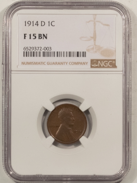 Lincoln Cents (Wheat) 1914-D LINCOLN CENT – NGC F-15 BN, CHOCOLATE BROWN KEY-DATE!