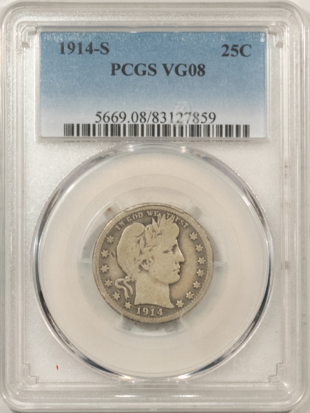 Barber Quarters 1914-S BARBER QUARTER – PCGS VG-8, TOUGH DATE!